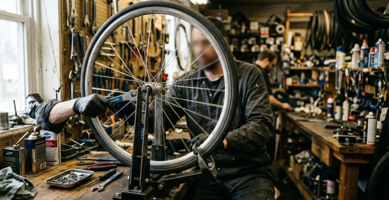 Atelier vélo avec une roue aluminium posée sur un support de centrage, outils visibles en arrière-plan flou