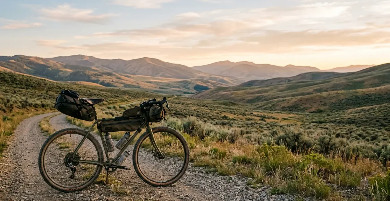 Configuration de bikepacking ultraléger avec sacoches optimisées sur vélo gravel en environnement naturel