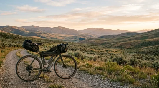 Configuration de bikepacking ultraléger avec sacoches optimisées sur vélo gravel en environnement naturel