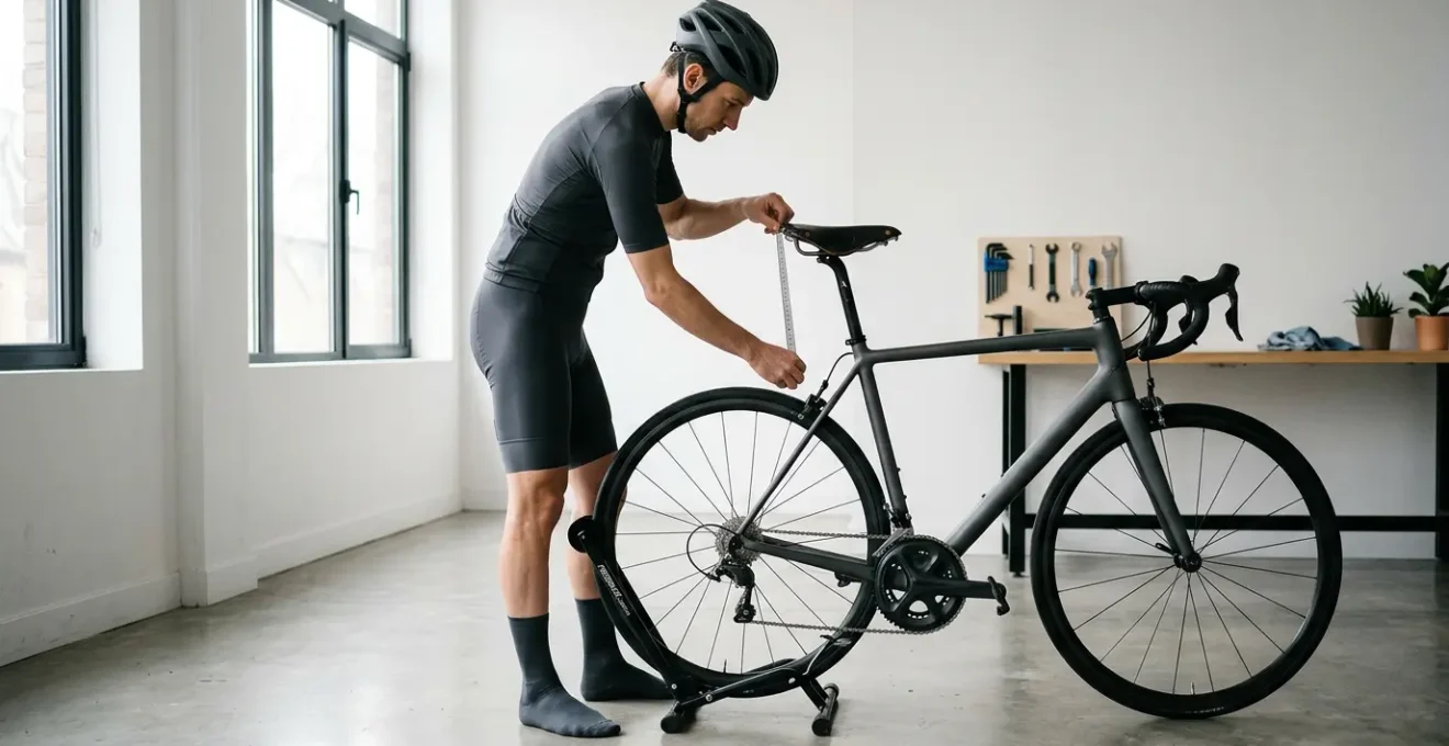 Cycliste ajustant précisément la hauteur de selle de son vélo de route avec un outil de mesure