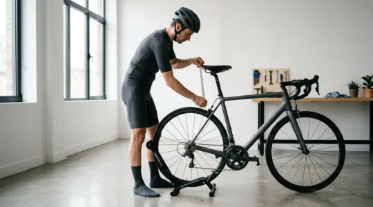 Cycliste ajustant précisément la hauteur de selle de son vélo de route avec un outil de mesure