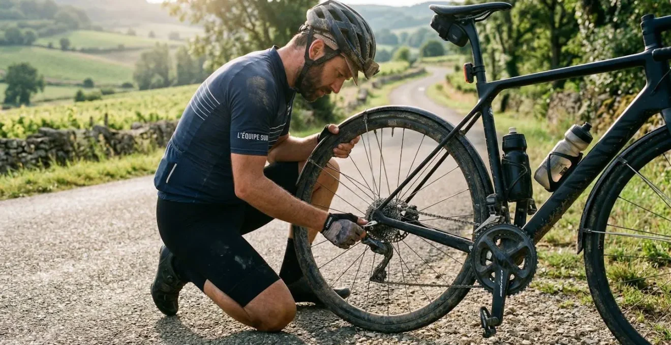 Un cycliste en tenue ajuste sa roue arrière sur un vélo de route, au bord d'une route de campagne ensoleillée