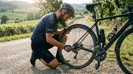 Un cycliste en tenue ajuste sa roue arrière sur un vélo de route, au bord d'une route de campagne ensoleillée