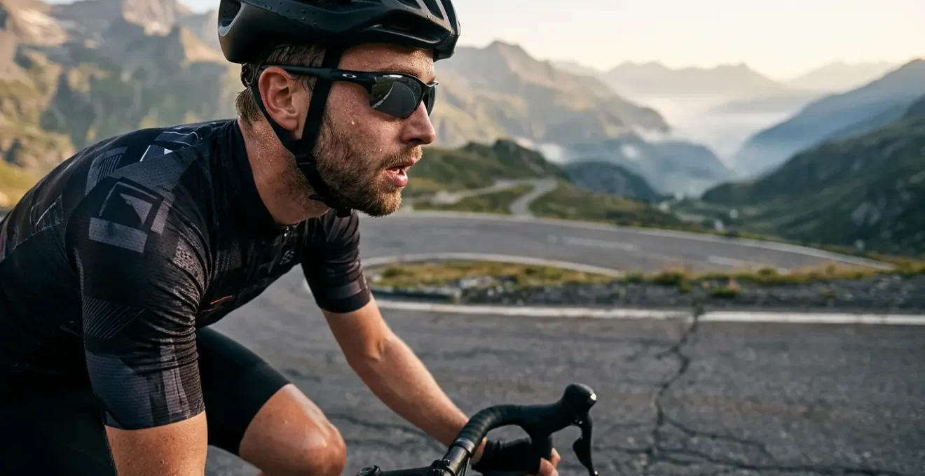 Cycliste en plein effort lors d'une cyclosportive de montagne, concentration et détermination sur un parcours exigeant