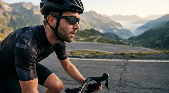 Cycliste en plein effort lors d'une cyclosportive de montagne, concentration et détermination sur un parcours exigeant