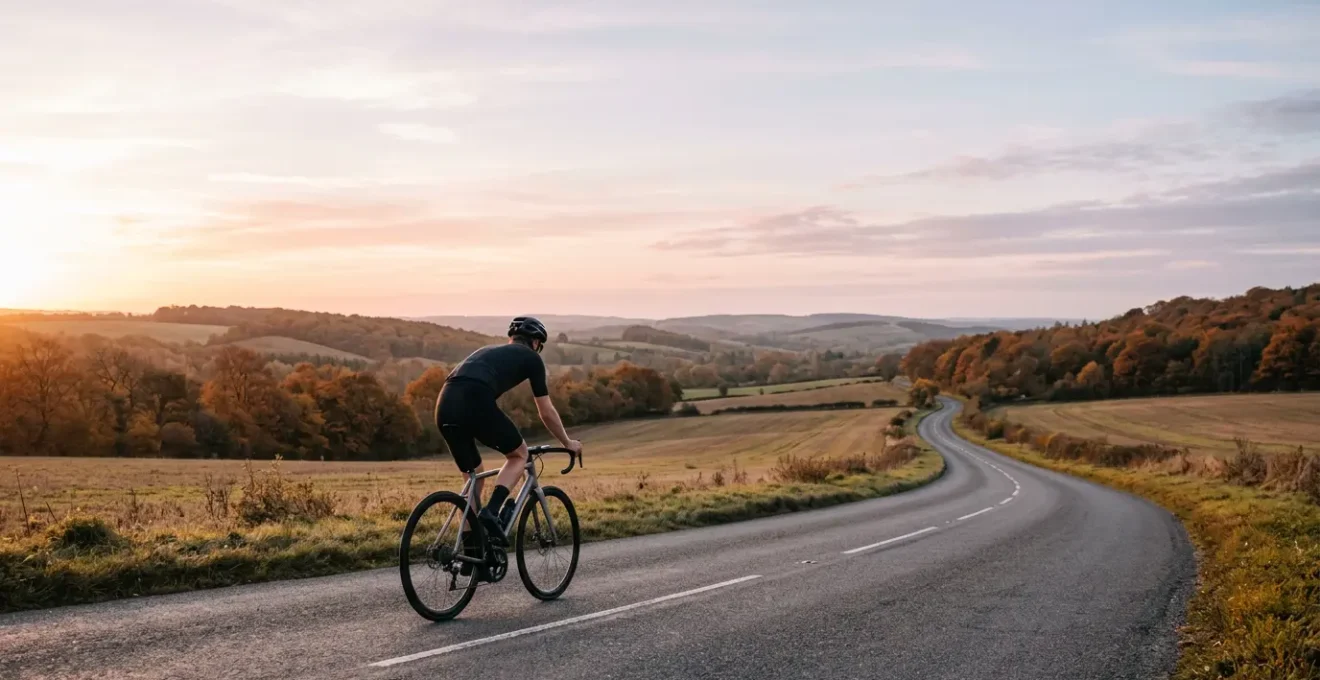Cycliste sur vélo de route aluminium au lever du soleil sur route de campagne