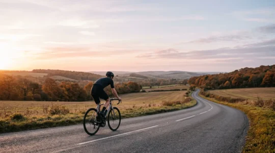 Cycliste sur vélo de route aluminium au lever du soleil sur route de campagne