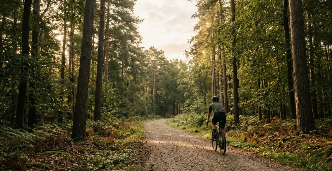 Cycliste pédalant sur un sentier forestier au lever du soleil, illustrant le bien-être et la réduction du stress par le vélo