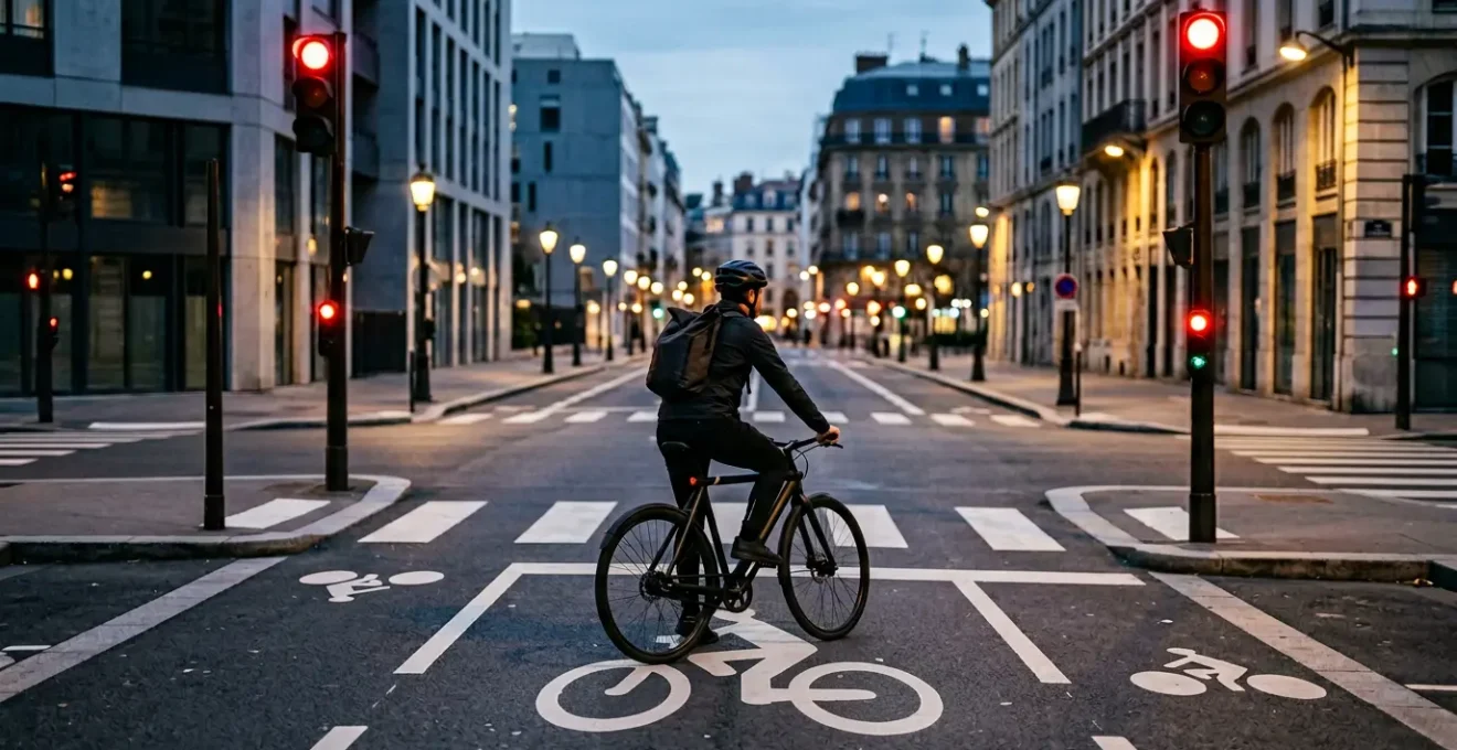 Cycliste à l'arrêt devant un feu tricolore rouge à une intersection urbaine sécurisée