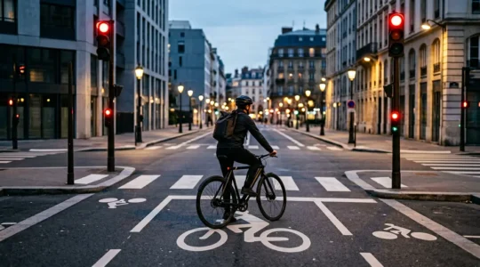 Cycliste à l'arrêt devant un feu tricolore rouge à une intersection urbaine sécurisée