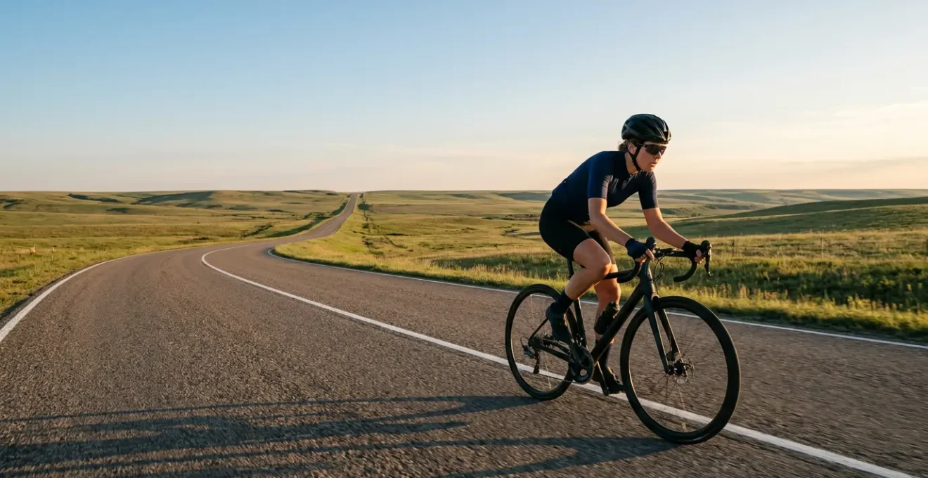 Cycliste en action pédalant avec une cadence élevée sur une route de campagne ensoleillée