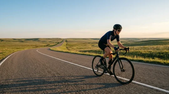 Cycliste en action pédalant avec une cadence élevée sur une route de campagne ensoleillée
