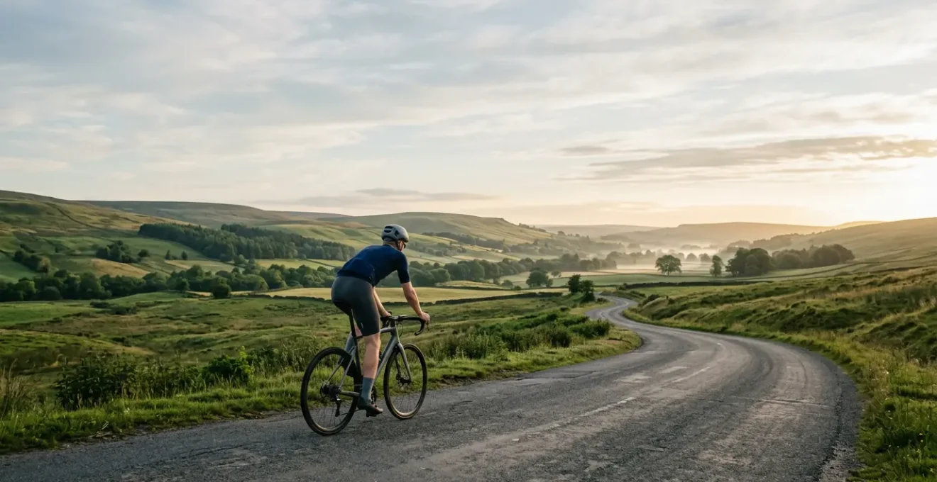 Cycliste sur une route de campagne ensoleillée pédalant dans un paysage naturel