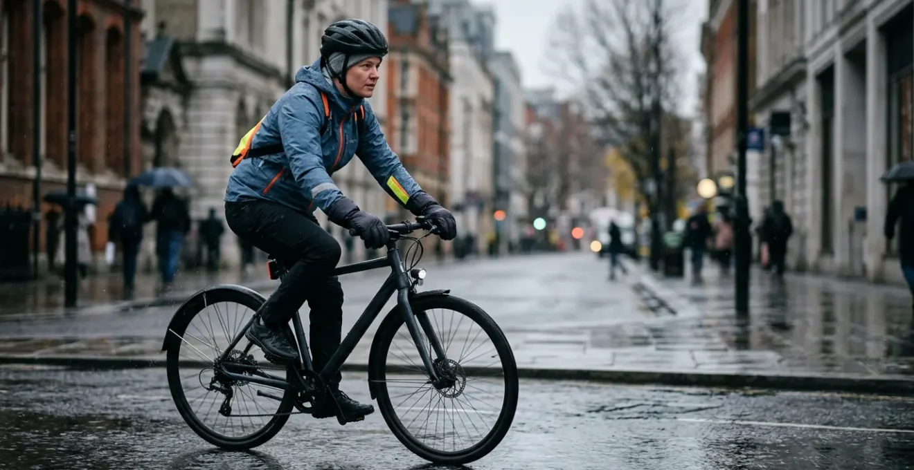 Cycliste urbain équipé pour affronter la pluie et le froid avec vêtements techniques abordables