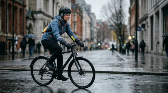 Cycliste urbain équipé pour affronter la pluie et le froid avec vêtements techniques abordables