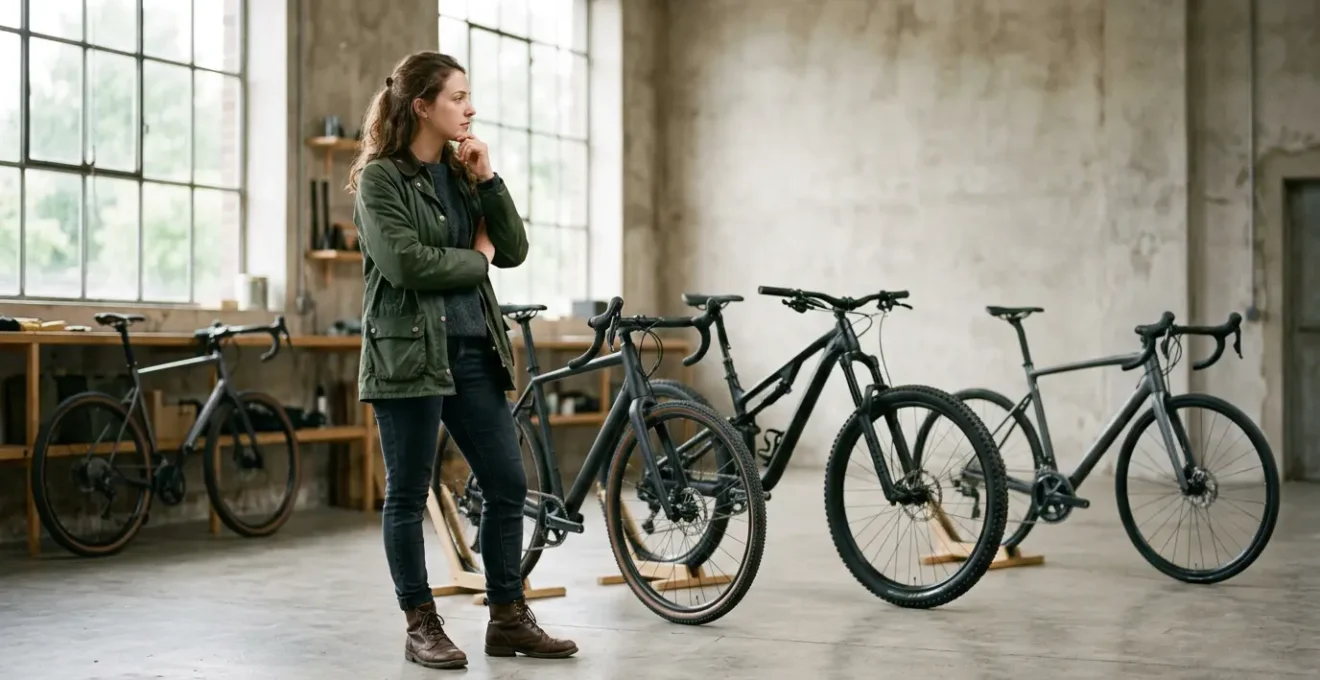Personne contemplant différents types de vélos dans un environnement naturel lumineux
