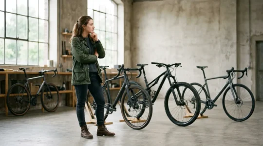Personne contemplant différents types de vélos dans un environnement naturel lumineux