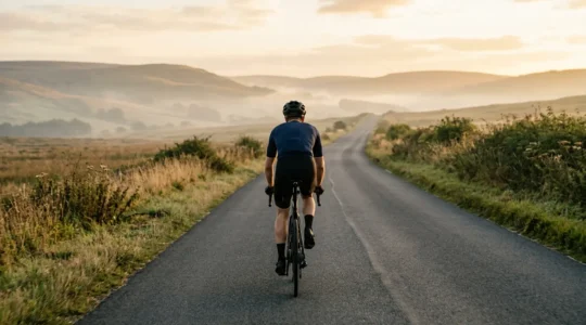 Cycliste sur route en position dynamique cherchant la performance