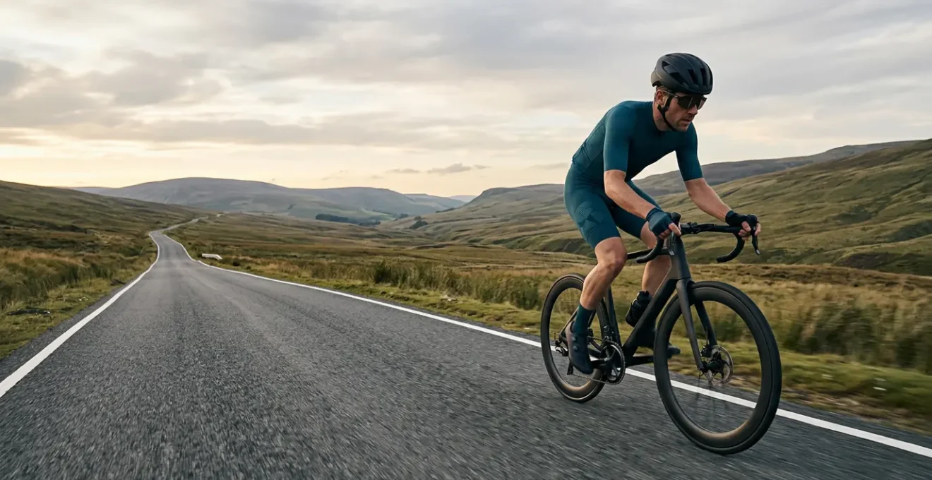 Cycliste sur route en plein effort, image symbolisant la progression et l'amélioration des performances en vélo