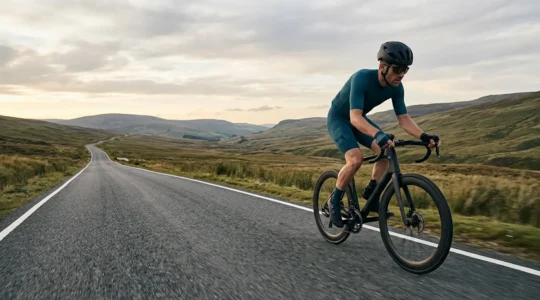 Cycliste sur route en plein effort, image symbolisant la progression et l'amélioration des performances en vélo