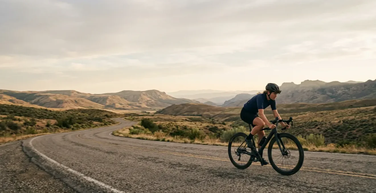 Cycliste en plein effort sur route avec paysage naturel en arrière-plan
