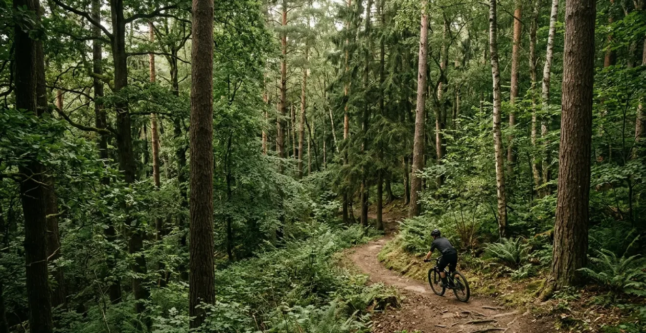 Cycliste sur un sentier forestier sinueux entouré de grands arbres