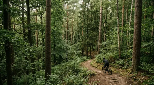 Cycliste sur un sentier forestier sinueux entouré de grands arbres
