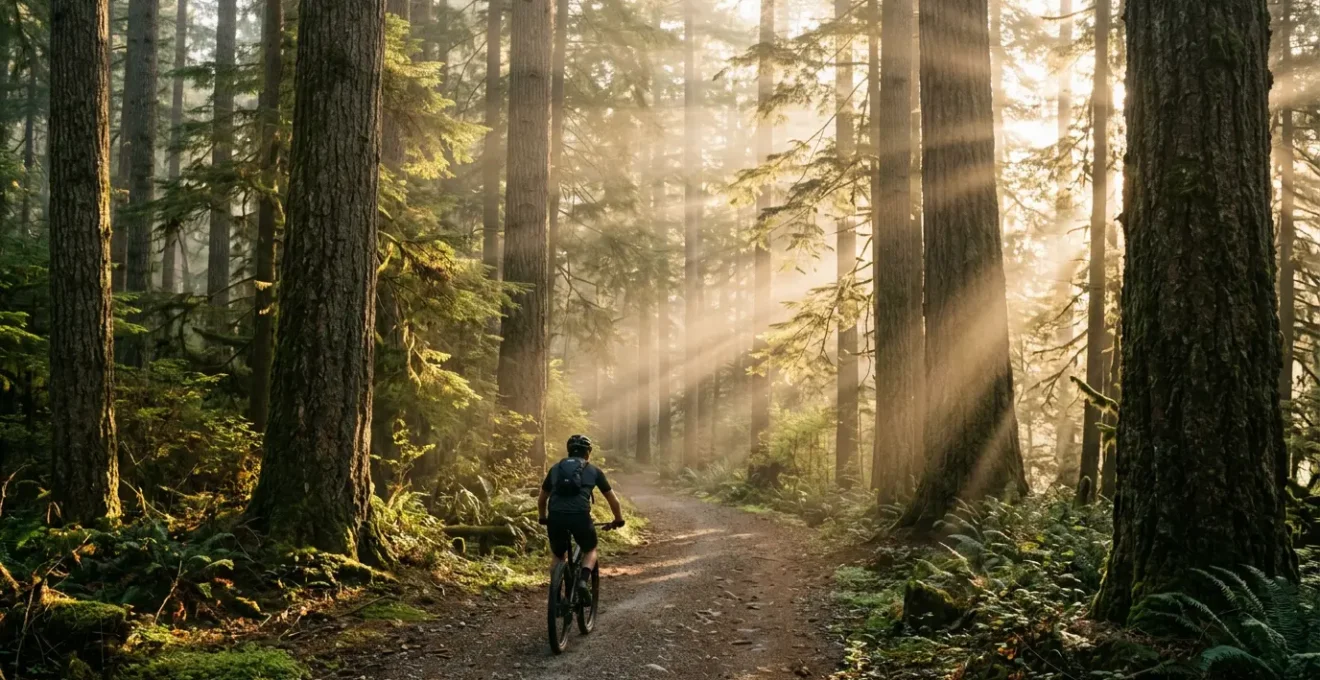 Cycliste solitaire pédalant sur un sentier forestier au lever du soleil, lumière dorée filtrant à travers les arbres