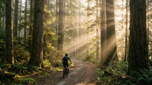 Cycliste solitaire pédalant sur un sentier forestier au lever du soleil, lumière dorée filtrant à travers les arbres