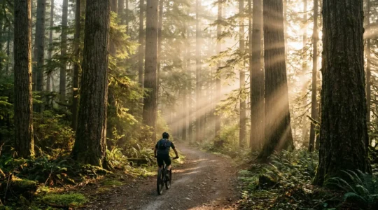Cycliste solitaire pédalant sur un sentier forestier au lever du soleil, lumière dorée filtrant à travers les arbres