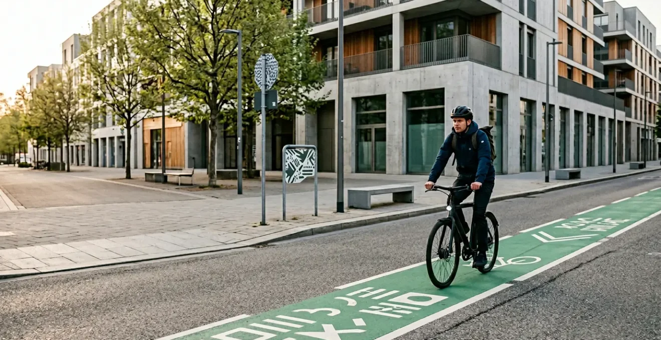 Cycliste naviguant sur une infrastructure cyclable urbaine moderne avec signalisation visible