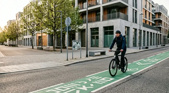 Cycliste naviguant sur une infrastructure cyclable urbaine moderne avec signalisation visible