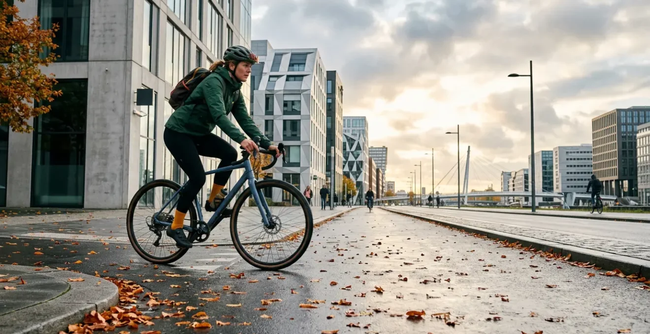 Cycliste urbain équipé roulant dans un environnement urbain toutes saisons confondues
