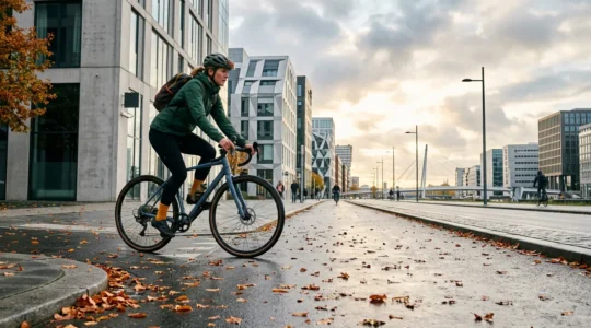 Cycliste urbain équipé roulant dans un environnement urbain toutes saisons confondues
