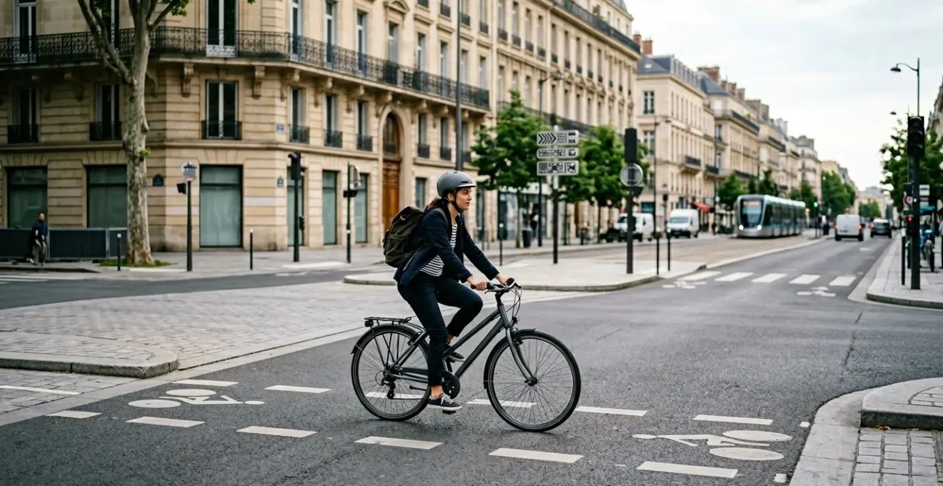 Cycliste urbain français circulant en toute sécurité à l'approche d'un carrefour avec signalisation routière