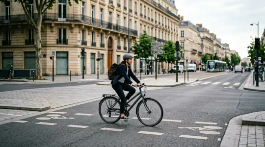 Cycliste urbain français circulant en toute sécurité à l'approche d'un carrefour avec signalisation routière
