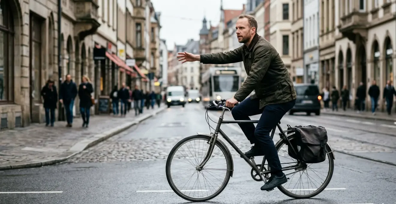 Cycliste en ville tendant le bras pour signaler un virage en toute sécurité