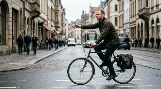 Cycliste en ville tendant le bras pour signaler un virage en toute sécurité