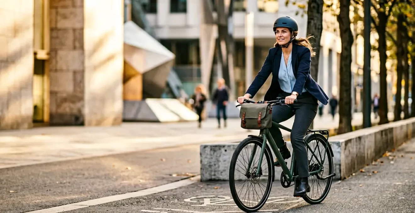Cycliste en tenue professionnelle pédalant sur une piste cyclable urbaine sécurisée