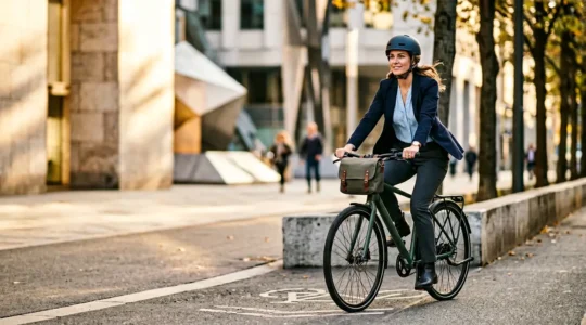 Cycliste en tenue professionnelle pédalant sur une piste cyclable urbaine sécurisée