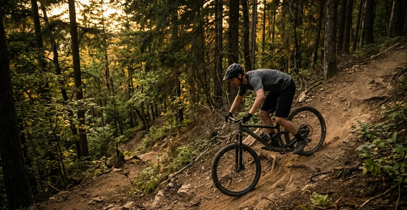 Cycliste en position dynamique descendant une pente raide en VTT avec technique de freinage maîtrisée
