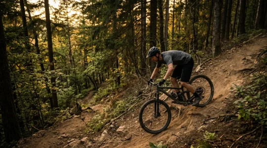 Cycliste en position dynamique descendant une pente raide en VTT avec technique de freinage maîtrisée