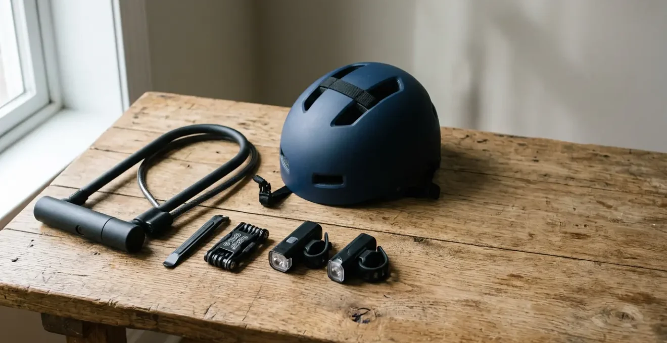 Équipement vélo essentiel disposé avec soin sur fond neutre