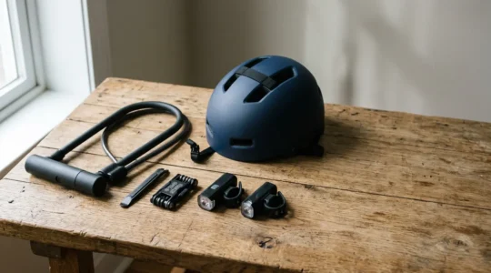 Équipement vélo essentiel disposé avec soin sur fond neutre