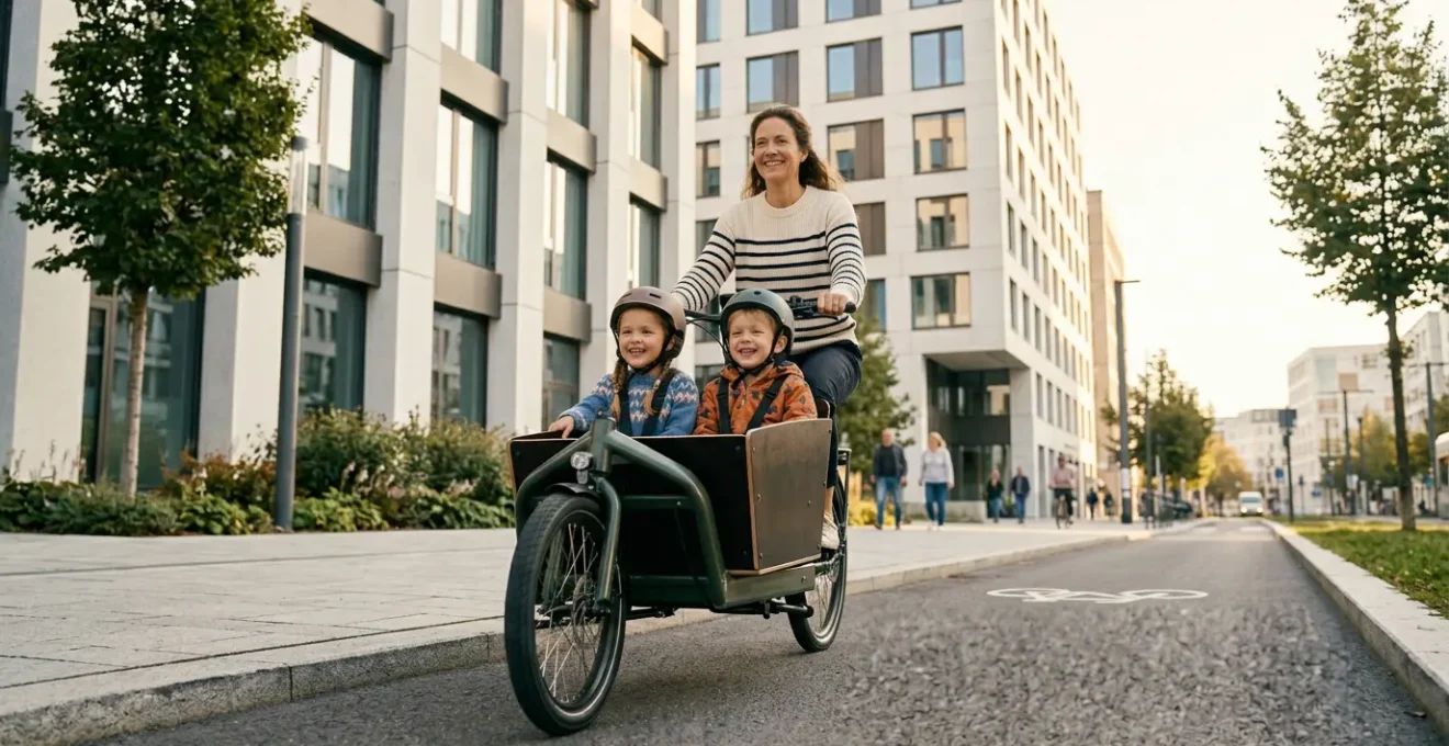 Famille utilisant un vélo cargo pour remplacer la voiture au quotidien