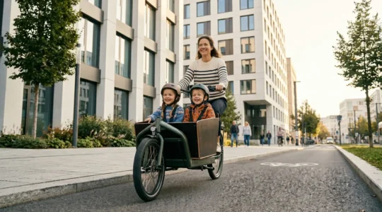 Famille utilisant un vélo cargo pour remplacer la voiture au quotidien