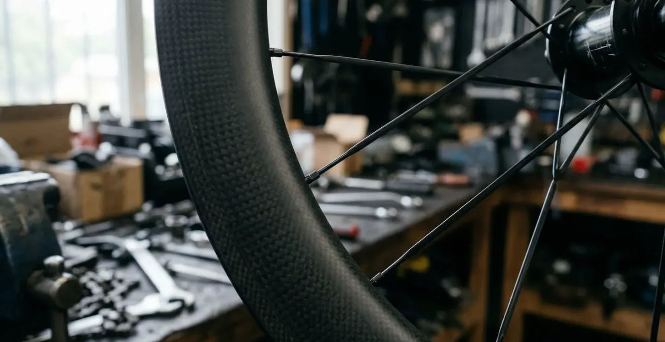 Gros plan macro sur une jante carbone à profil haut, montrant les rayons et la surface mate caractéristique