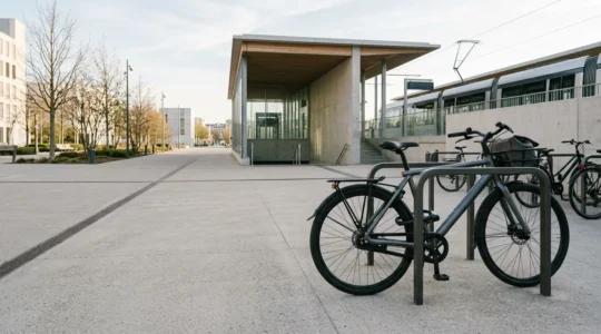 Cycliste en mobilité urbaine combinant vélo et transports en commun