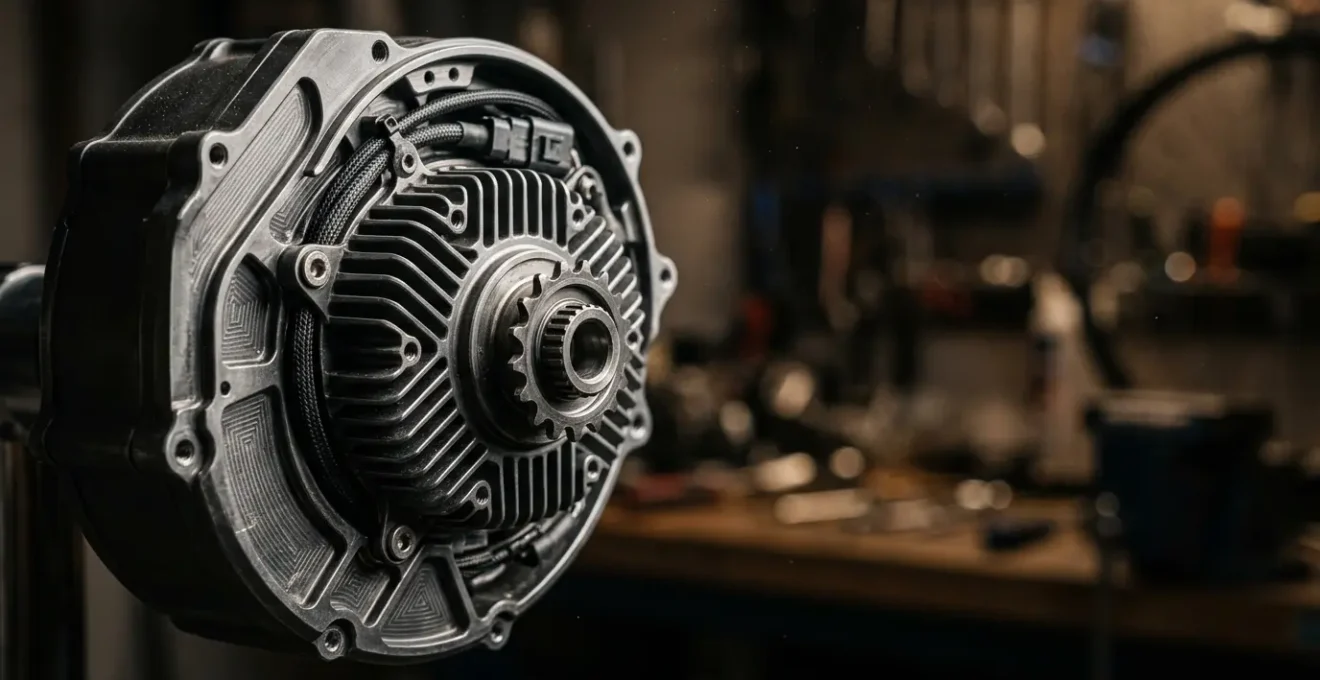 Gros plan détaillé sur un moteur central de vélo électrique de qualité premium montrant la finition et la conception robuste
