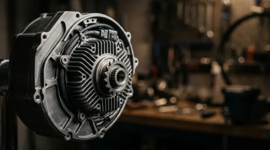 Gros plan détaillé sur un moteur central de vélo électrique de qualité premium montrant la finition et la conception robuste